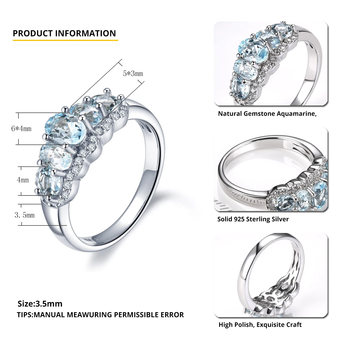 Hutang 1.35ct Натуральный аквамарин обручальное кольцо 925 пробы Серебряные Кольца Из синих драгоценных камней ювелирные изделия для женщин