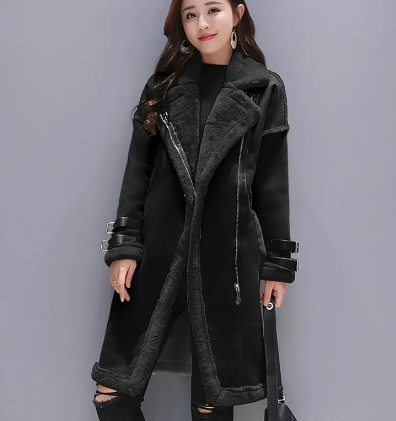 Женское пальто из искусственной кожи с мехом ягненка, длинное пальто из замши с вышивкой оленя, Свободное пальто из овечьей шерсти, chaqueta mujer - Цвет: as  photo      2