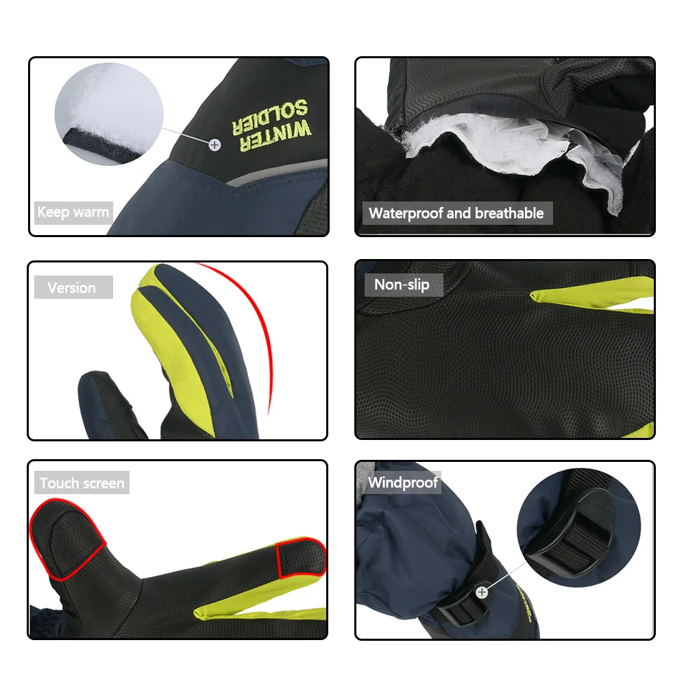 Лыжные перчатки зимние водонепроницаемые теплые толстые перчатки с сенсорным экраном с тремя пальцами для мужчин и женщин для велоспорта на открытом воздухе для альпинизма