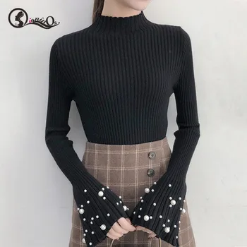

Autumn Winter 2019 Sweater Fashion Plus Velvet Pearl Sweater Flare Sleeve Sweater Tops 2019 New Knitwear Bottoming