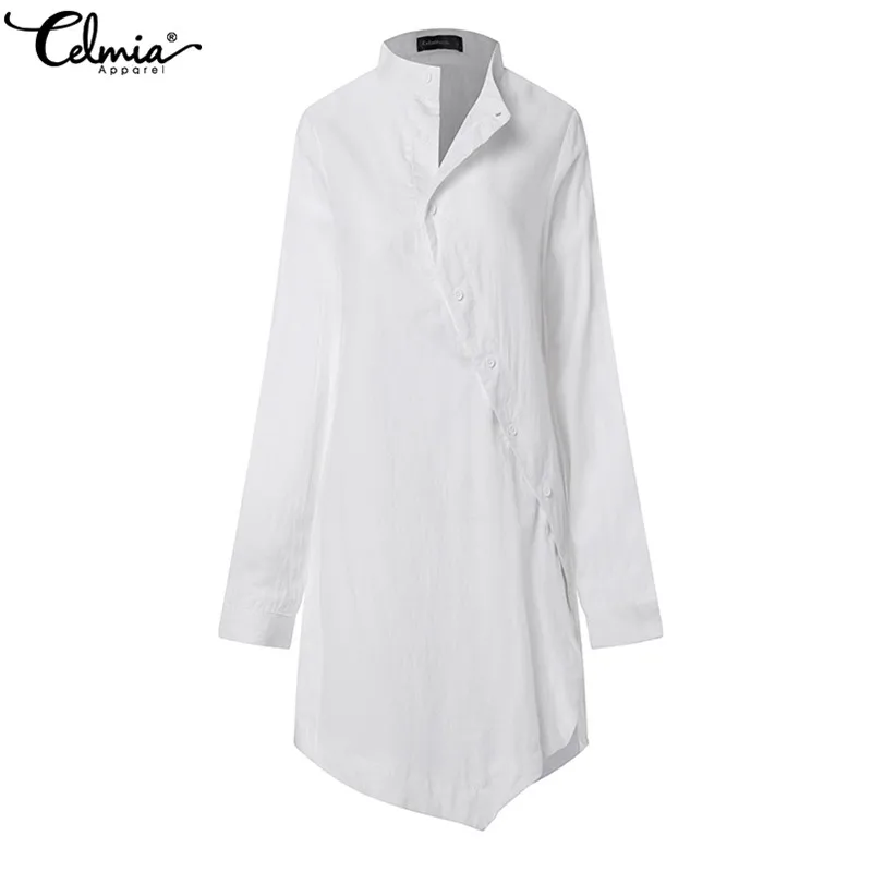  2019 Celmia Women Buttons Down Tunic Shirts Vintage Linen Blouse Long Sleeve Asymmetrical Tops Soli