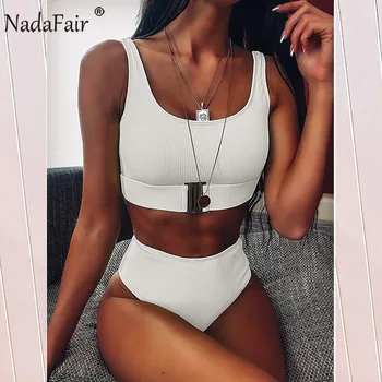 

Nadafair High Waist Bikini Set 2020 Rib Knitted Swimwear Women Tankini Bathing Suit Female Black White Bikinis
