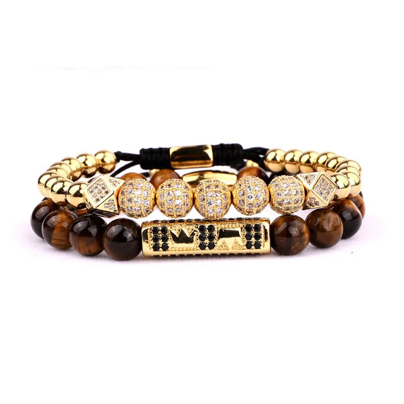 High Quality New Luxury CZ Micro Pave Ball Crown Charms Tiger Eyes Stone Beaded Adjustable Bracelet Men Women