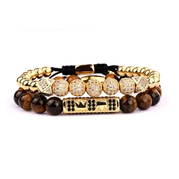 High Quality New Luxury CZ Micro Pave Ball Crown Charms Tiger Eyes Stone Beaded Adjustable Bracelet Men Women