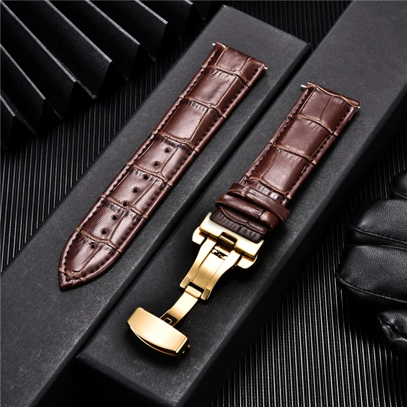 Premium Genuine Leather Watchband with Butterfly Buckle - Elegant Men's Strap Accessory