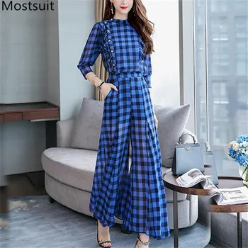 

2020 Summer Plaid Chiffon Two Piece Sets Women Ruffles Buttons Tops + Wide Leg Pants Outfits Vintage Elegant Fashion Ladies Suit