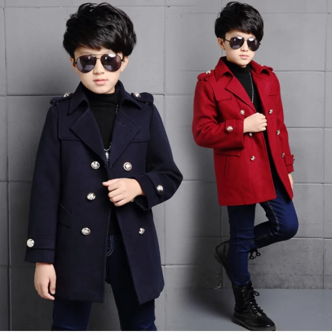New Kids Clothes Boys Wool Coat Autumn Winter Woolen Jackets Children Thick Warm Trench Turn Down Collar School Kids Outwear