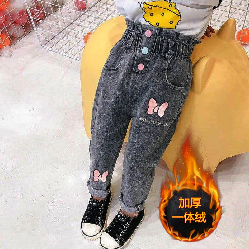 

2020 Winter Kids Jeans Girl Print Jeans For Girls Fashion Waist Girls Jeans Pants velvet warm Casual Girls Clothes 1-8Years