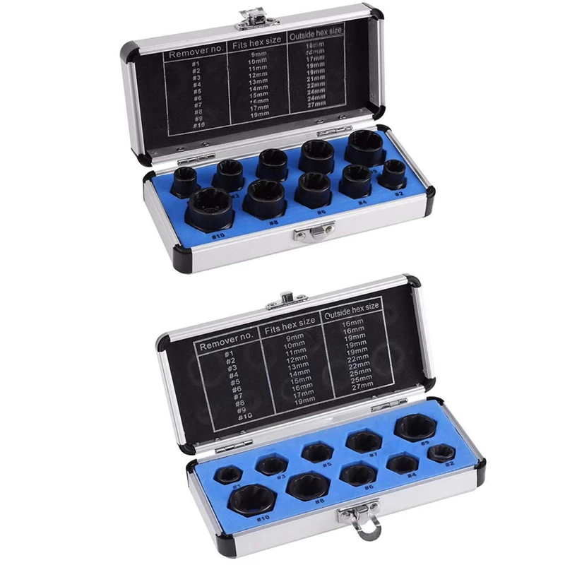 

10Pcs Damaged Bolt Nut Screw Remover Extractor Removal Set Nut Removal Socket Tool Threading Hand Tools Kit with Box