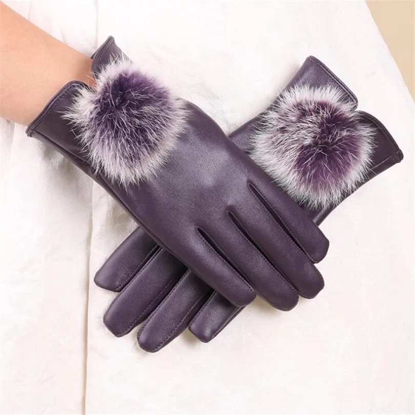 V port purple VISNXGI Искусственные кожаные перчатки женские модные черные перчатки из искусственной кожи осенне-зимние толстые женские водонепроницаемые перчатки с искусственным кроличьим мехом - Цвет: V port purple