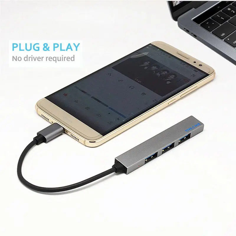 Адаптер usb хаб Type C 4 в 1 с портами USB 3 для Mac book Pro серого цвета комплекте адаптером
