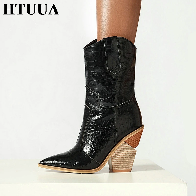 

HTUUA Autumn Winter Women Boots Brand Pu Leather Pointed Toe Western Cowboy Boots Warm Fur Square High Heel Ankle Boots SX3350