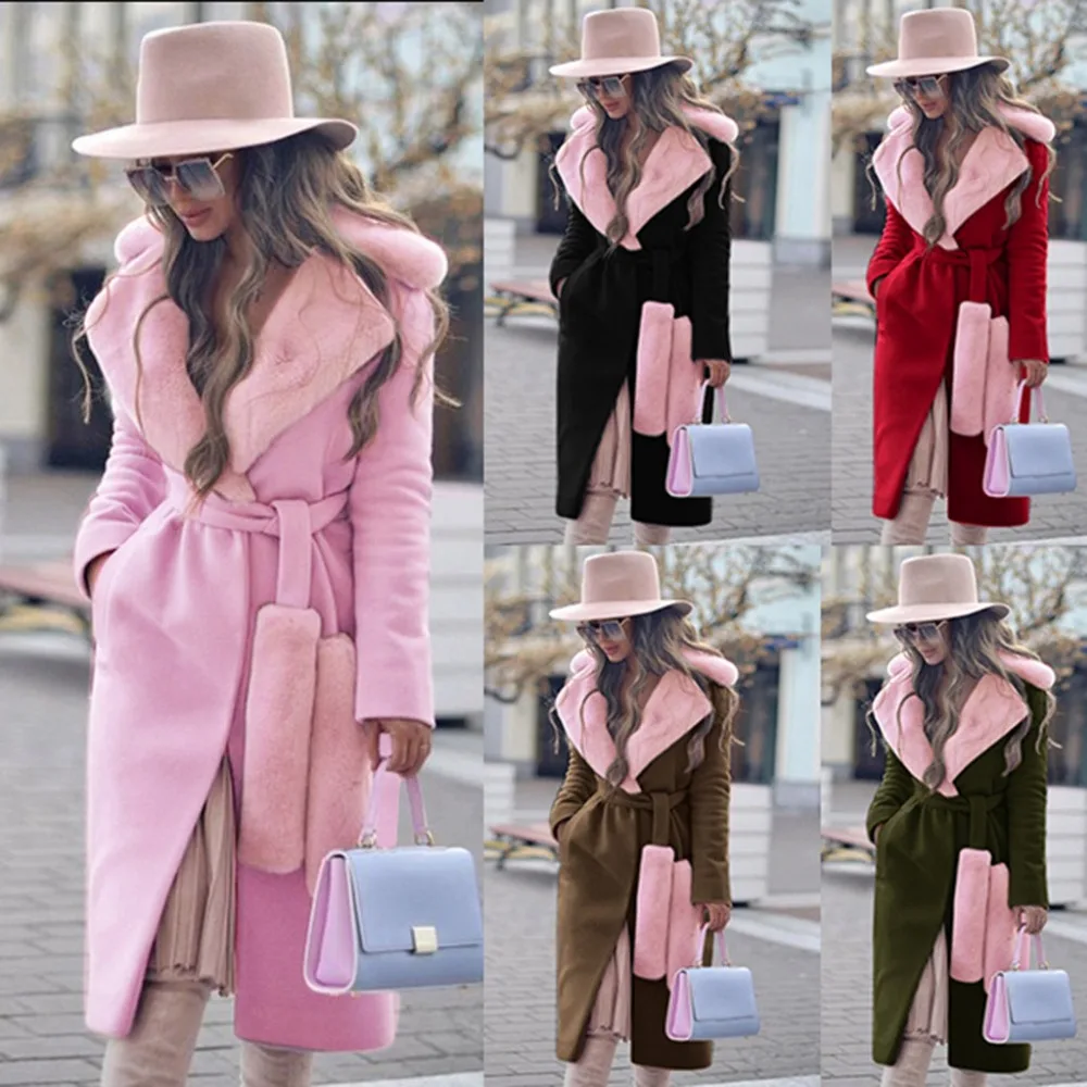 Модная женская теплая зимняя куртка средней длины с отложным воротником и искусственным мехом, с поясом, розовая однотонная парка в стиле пэчворк с карманами, 4