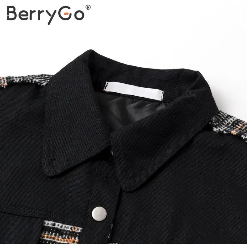 BerryGo, модная Лоскутная джинсовая куртка в клетку, женская уличная одежда, женские черные шикарные куртки на пуговицах, с карманами, Свободная Женская куртка, пальто