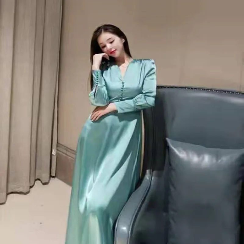 2020 new dress Elegant Lady Deep V-neck Silk Satin Slim Long-sleeved Party Dress Green Long Dresses Sexy Clubwear | Женская одежда