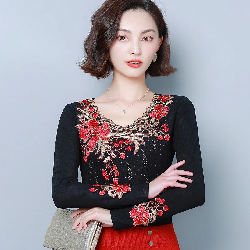 Черный Blusas mujer de moda зимняя бархатная плотная черная блузка с длинным рукавом и цветочной вышивкой, рубашка размера плюс, Женские топы и рубашки - Цвет: Черный