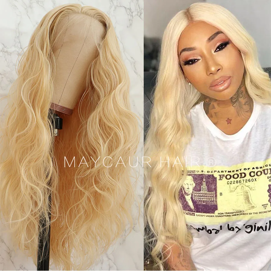 Maycaur Loose Wavy Blonde Color Lace Front Wig with Baby Hair Free Part Glueless Synthetic Lace Front Wigs for Black Women (1)