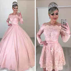 Уникальное Тюлевое свадебное платье с открытыми плечами, 2 в 1, с длинными рукавами, бантом и отстегивающейся юбкой, розовое свадебное платье