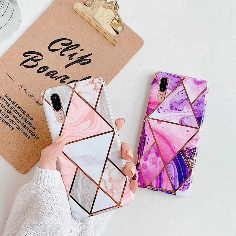 

Plating purple Geometric Marble Phone Cases For Huawei P20 P30 Pro Lite Mate 20 Pro Lite Anti-Shock Soft IMD Back conque Cover