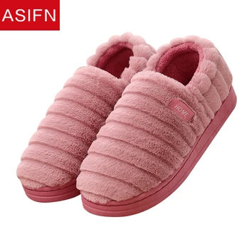 

ASIFN Women Slippers Cotton with Fur All-inclusive Warm Non-slip Plush Men Cotton Shoes Home Indoor Autumn and Winter Soft