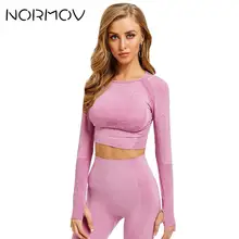 NORMOV женский бесшовный короткий топ с длинными рукавами рубашки для йоги с отверстием для большого пальца работа фитнес-тренировки бесшовные Топы Рубашки