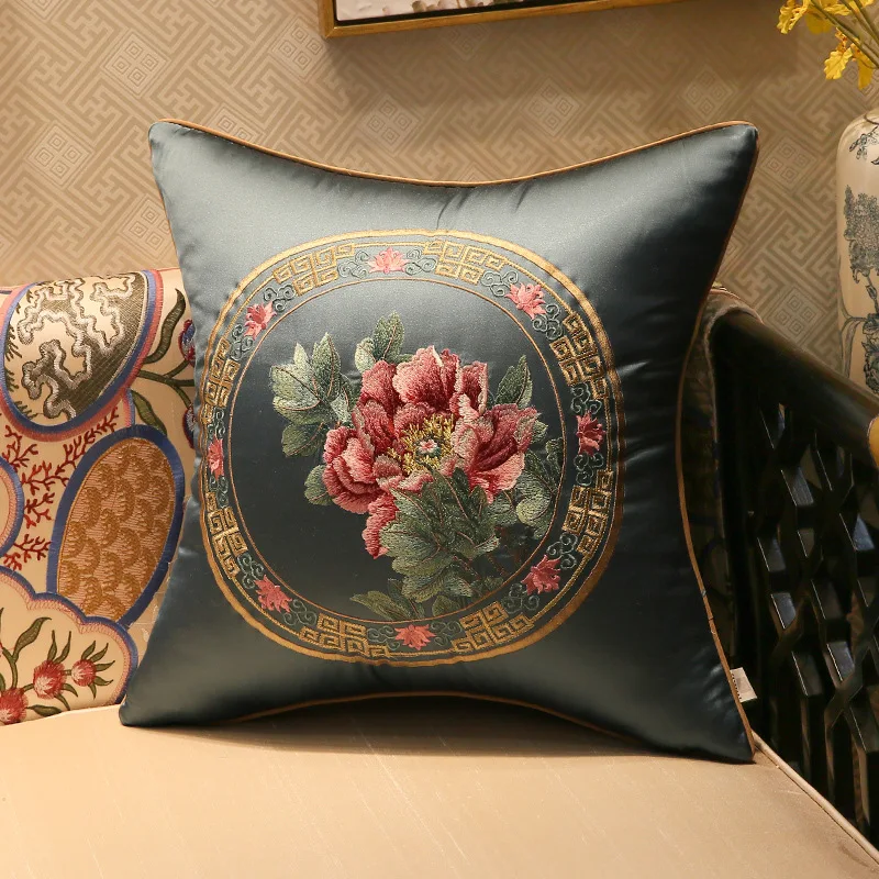

High Quality Peony Embroidered Sofa Cushion Cover Chinese Style Throw Pillow Cases Luxury Flower Pillow Cover Home Decoration