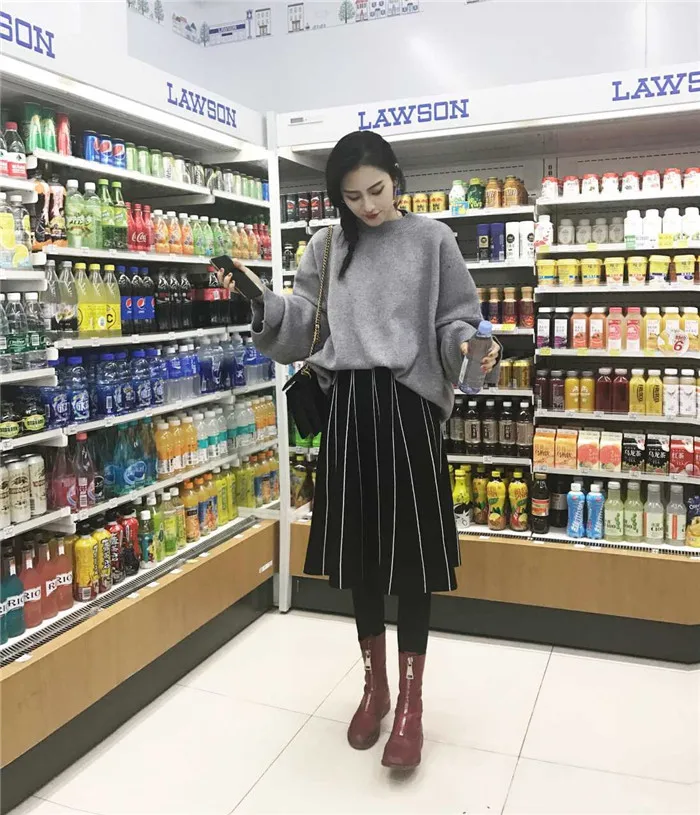 Skirts Womens Winter Vintage Striped Slim A Line High Waist Knitted Long Skirt Black Gray Fringe Skirt DF998