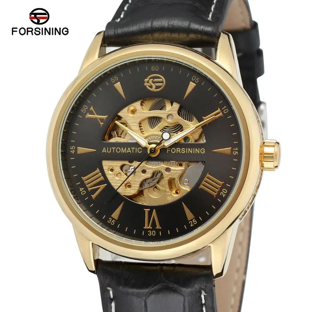 

Forsining New Top Brand Black Leather Relogio Masculinos Golden Dial Skeleton Mens Watches Luxury Automatic Men Mechanical Watch