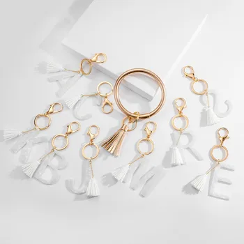 

Fashion Acetate Initial Keychain Gold Color Leather White Letter Keyring Bracelet Popular Pendant Alphabet Resin Keychain