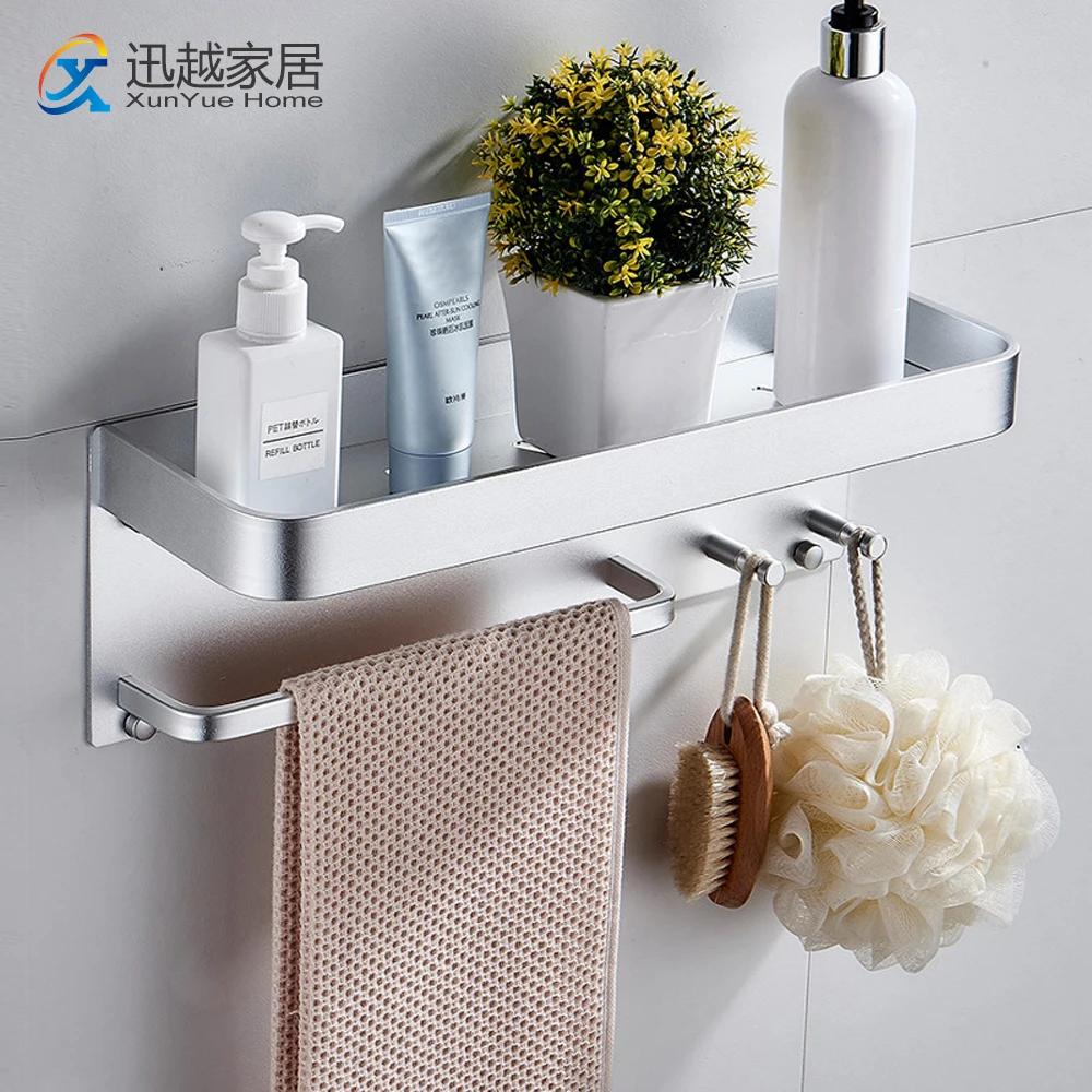 

Rectangular Shampo Aluminum Shelf Wall Mounted Towel Hanger Black Silver 40cm Washroom Storage Rack Bathroom Accessories