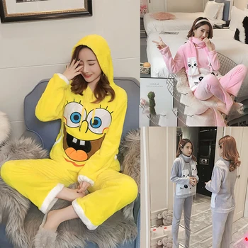 

Autumn Winter pajamas for women Wear Set Hooded Pants 2 piece Hooded Sweatshirt Set Flannel Cartoons Casual Women's home clothes