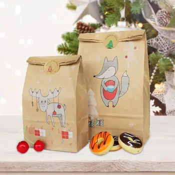 

12Pcs Christmas Gift Bags Elk Fox Pattern Sacks Kraft Paper Candy Bag Kids Party Favors Box Christmas Party Decorations