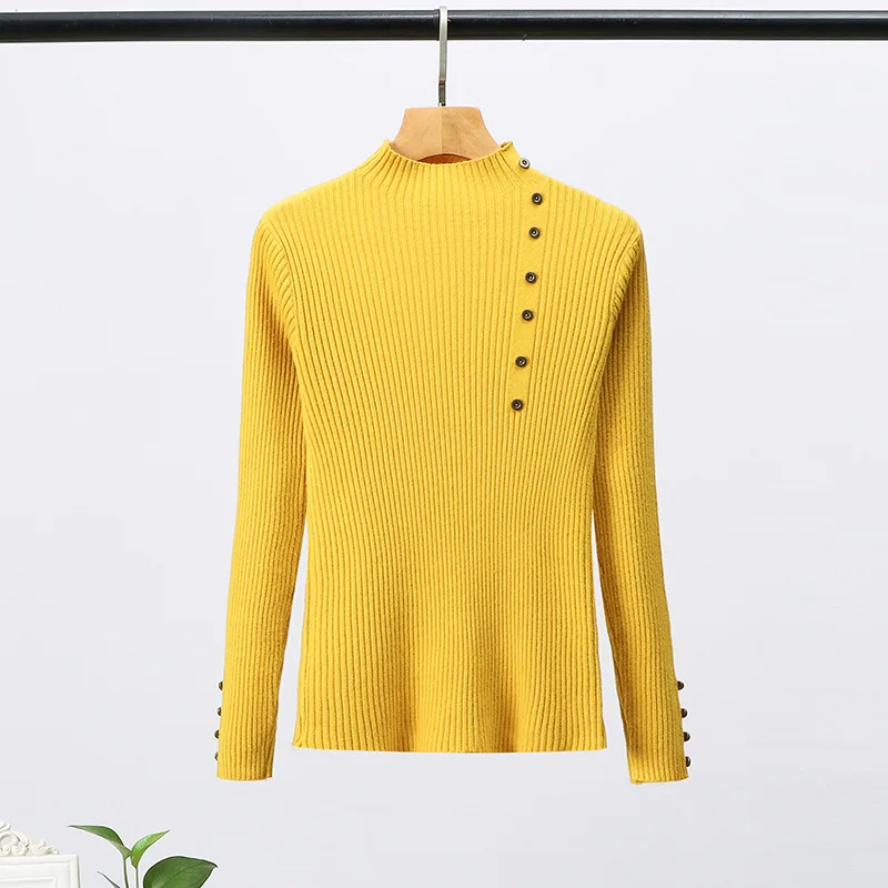 GOPLUS женский свитер с высоким воротником и пуговицами, Розовый пуловер с длинным рукавом, осень, корейский стиль, вязаные свитера для женщин, одежда - Цвет: Цвет: желтый