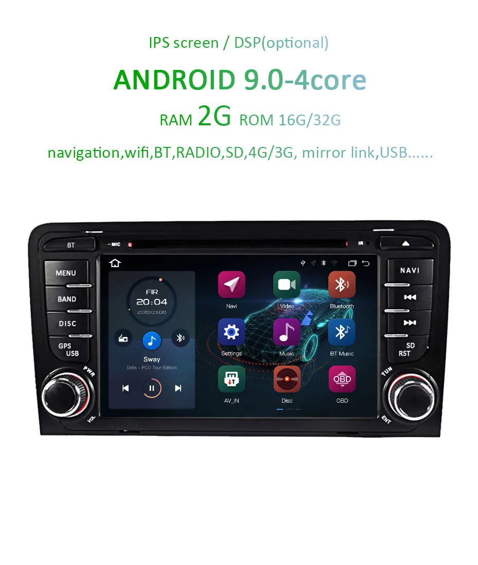 Excellent DSP IPS Android 9.0 4G 64G 2 DIN CAR DVD GPS For Audi A3 8P 2003-2012 S3 2006-2012 RS3 Sportback 2011 multimedia player 3