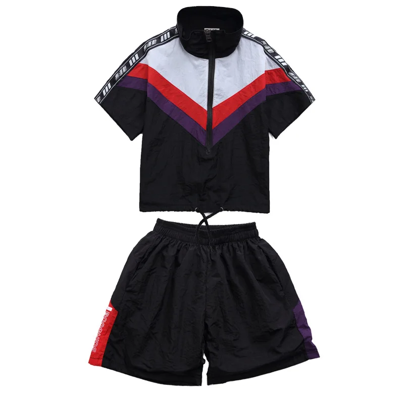 black set Детская одежда в стиле хип-хоп свободная футболка со стоячим воротником Топ, повседневные шорты, комплект для девочек и мальчиков, одежда для джазовых танцев костюмы, одежда для бальных танцев - Цвет: black set