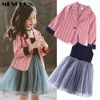 

2019 New Arrival Girls Fashion Suit Suit Jacket Dress 2 Pieces Elegant Lady Style Striped Coat Princess For 3-12 Year Old Girls