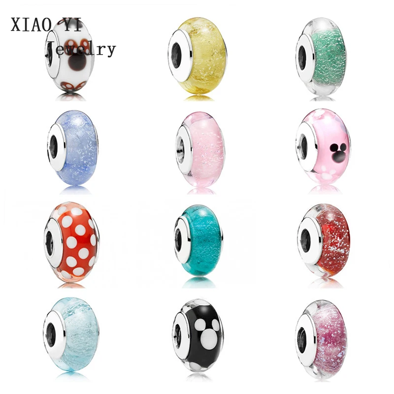 

XIAOYI 100% 925 pan charm Disney mickey wave point cut face glass a variety of colors fashion diy bracelet necklace beaded lady