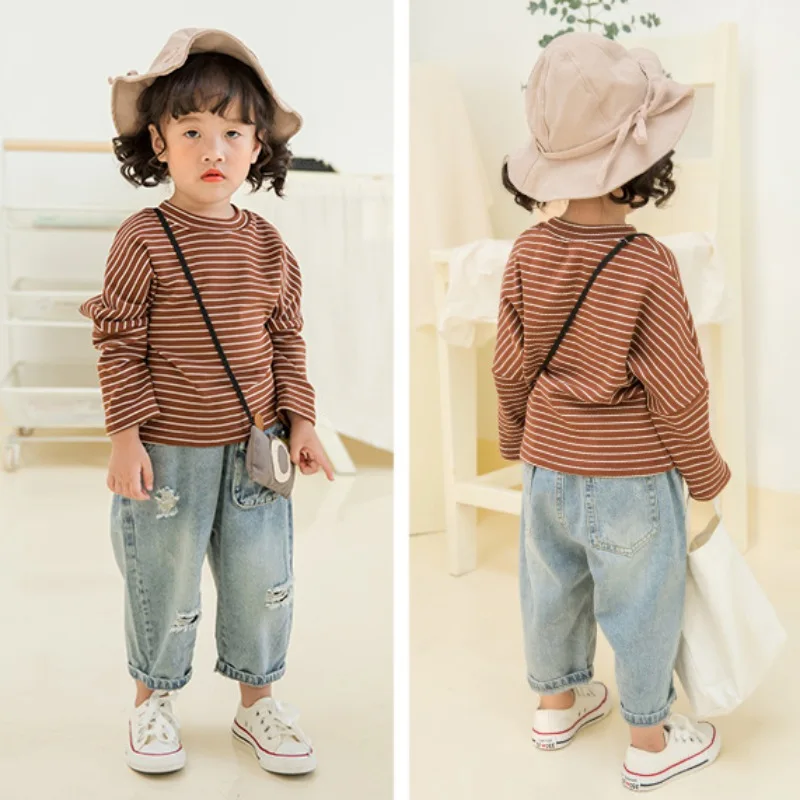 Autumn Winter New Baby Kid 1-7Y Boys Girls Long Sleeve Striped Cotton T-shirt Casual O-Neck Solid Color Comfortable Tees