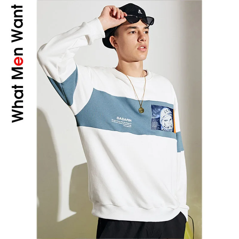 

IVRESSE White Patchwork Cartoon Print Hoodies Men Basic Long Sleeve Pullovers Male Fashion Casual Sport Autumn Streetwear Tops