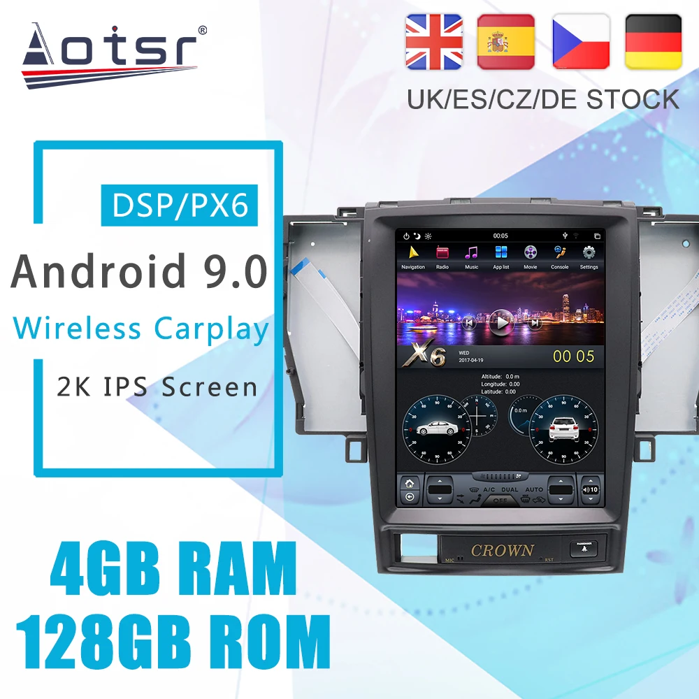 Aotsr Android 9 PX6 Tesla Styel For Toyota Crown 2005 - 2009 Car DVD Player GPS Navigation DSP Auto Radio Stereo Video Headunit