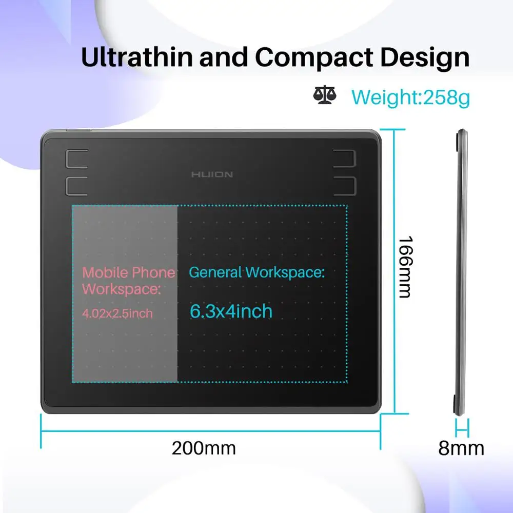 Графический планшет HUION HS64 с безбатарейным стилусом 8192 уровней 4 Экспресс клавиши
