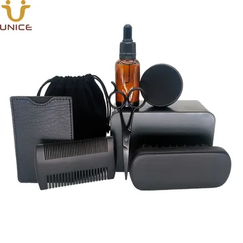 Best MOQ 100pcs Custom LOGO 8 In 1 Black Beard Kits Wood Hair Combs Beard Brush Beard Oil Wax Scissors In Metal Box & Bag & PU Case