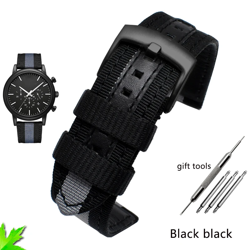 22mm nylon canvas watch belt is suitable for Armani ar1948 1968 1970 1979 male Luigi series needle buckle free of freight - Цвет ремешка: black  black