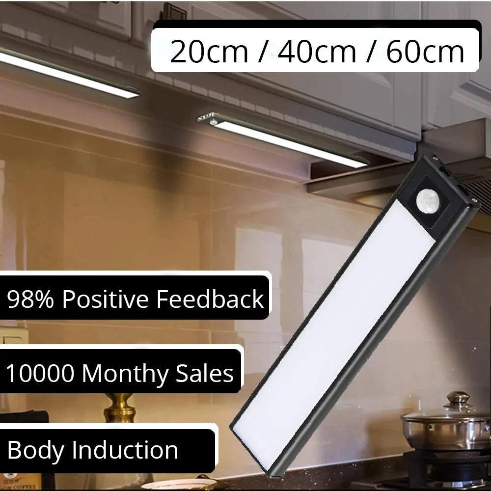 20/40/60cm sob a luz do armário pir sensor de movimento térmico led usb recarregável ultra fino alumínio escudo lâmpada luz da noite