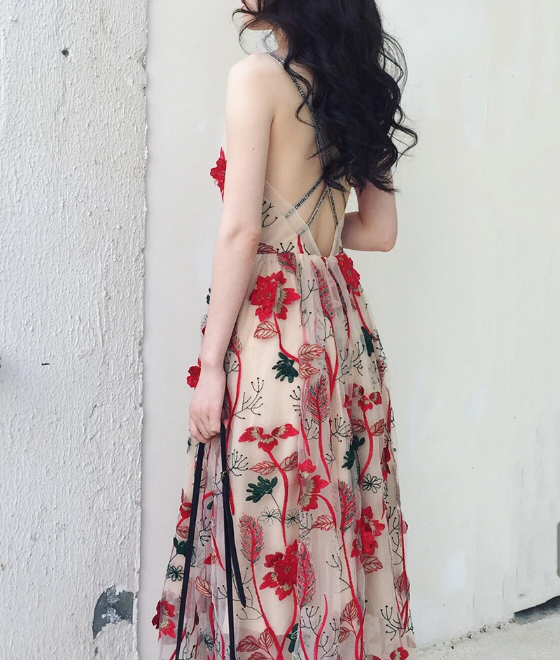 Модное кружевное платье с цветочной вышивкой летнее сексуальное платье без рукавов с перекрещивающимися сзади пляжное длинное платье для отпуска Vestidos Robes