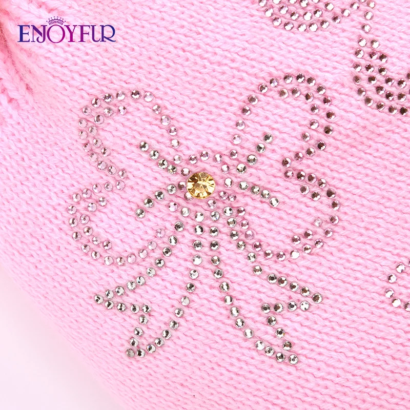 ENJOYFUR Rhinestones Bow-Knot Children Winter Hats Real Fox Fur Pompom Knitted Hat Girl Beautiful Pink Girls Beanies Autumn Caps