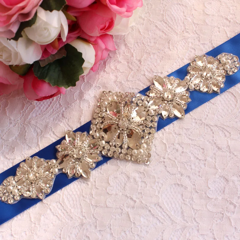 Лента Свадебная со стразами парец Huwelijk Riem Satijnen ruids Riem En Sash Voor ruiloft Decoratie - Цвет: Синий