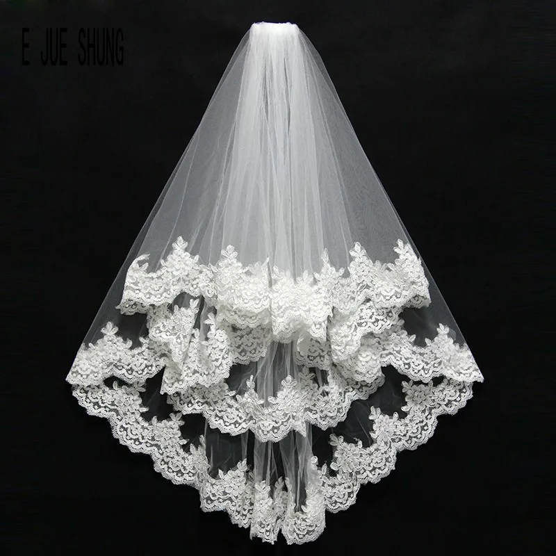 E JUE SHUNG Short Lace Appliques Wedding Veils Two Layer Bridal Veil veu de noiva longo | Свадьбы и торжества
