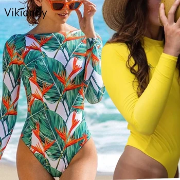 

Vikionfly Green Blue Print Swimwear Women 2020 One Piece Swimsuit Long Sleeve Sport Surf Swimming Suit For Ladies Bathing Suits