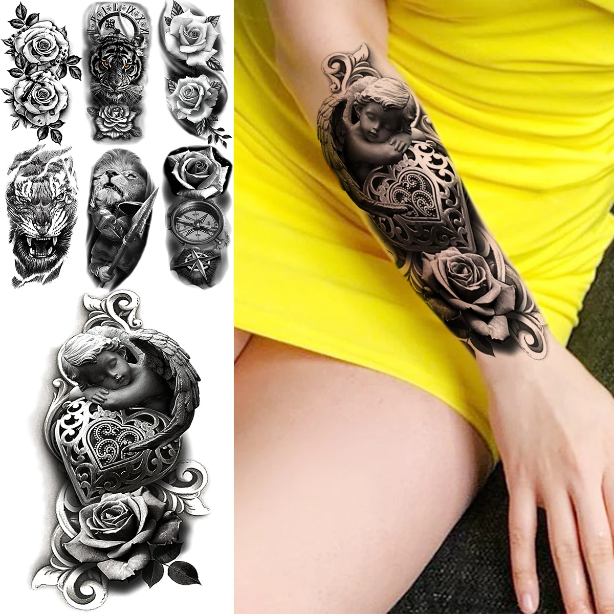Tatouage Aile D ange Avant Bras Femme Tatouages Temporaires Pour Femmes Adultes, Ailes D'ange, Fleur De Rose,  Sexy, Avant-bras, Cœur D'amour, Lion, Tigre, Boussole, Imperméable, Art  Corporel - Tatouages Éphémères - AliExpress